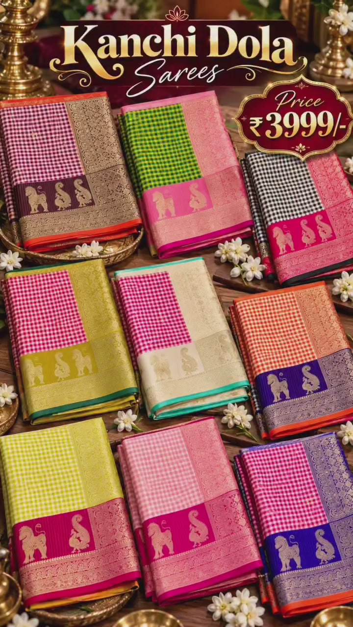 Kanchi Dola Silk Sarees with Madras checks Online | Traditional Zari Border Sarees