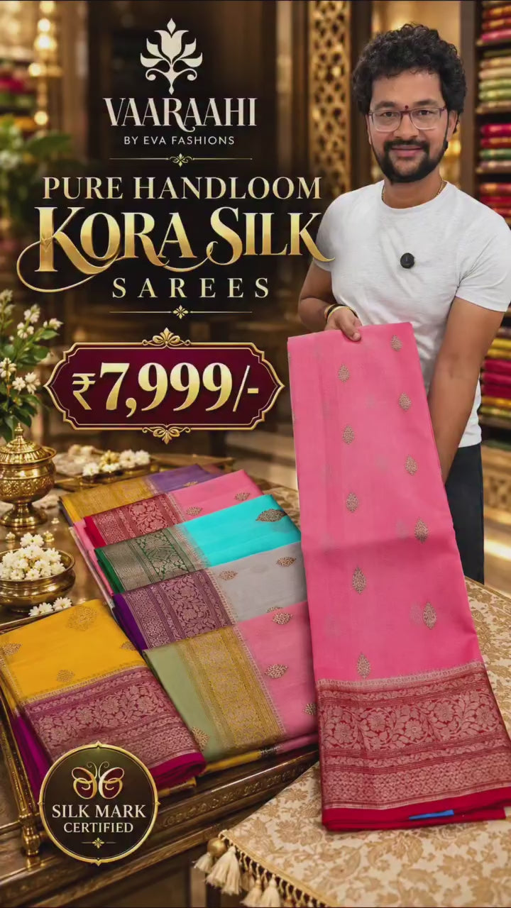 Handloom Kora Silk Sarees with Elegant Gold Zari Butti & Rich Zari Border Certified